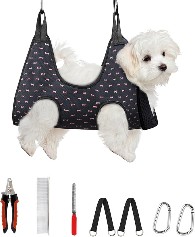 Supet Dog Grooming Hammock Harness for Dogs Cats, Restraint Dog & Small Animal Leashes Sling for Groomingk for Nail Trimming (Black Currant, XS)