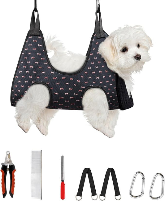 Supet Dog Grooming Hammock Harness for Dogs Cats, Restraint Dog & Small Animal Leashes Sling for Groomingk for Nail Trimming (Black Currant, XS)