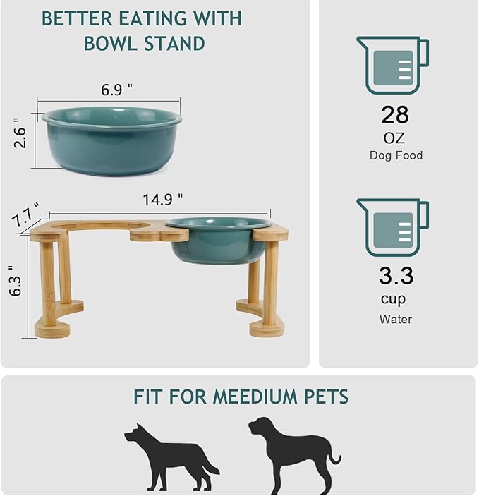Elevated Ceramic Dog Bowls, Raised Dog Bowl with Anti-Slip Stand, Pet Feeding Dishes for Medium Sized Dogs, Weighted Pet Feeder Bowls, Dog Food and Water Bowl Set(6.3" Tall-28oz-Dark Green)