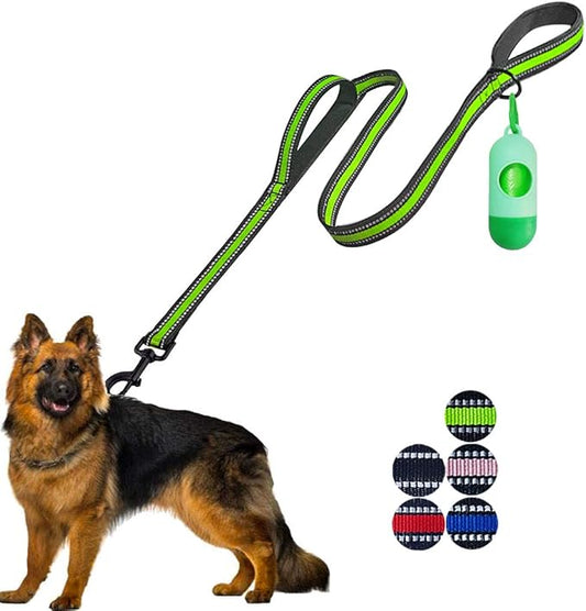 JSXD Heavy Duty Double Handle Dog Leash - 5 FT with Comfortable Padded and Reflective Rope, for Small to Large Dogs (Wide-Green)
