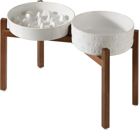 Ceramic 3.2 Cup Raised Slow Feeder Dog Bowl Set, Elevated 8.2inch Bowl and 9.5inch Slow Feeder Dish with Acacia Wood Stand for Large Dog (2 x Reactived Glaze -White+ Stand)