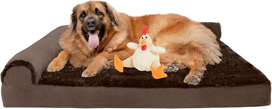 FurHaven Orthopedic Dog Bed & goDog Toy - Squeaky Plush Fat Rooseter with Chew Guard Technology for Large Dogs - Plush & Velvet L Shaped Chaise - Sable Brown, Jumbo Plus/XXL