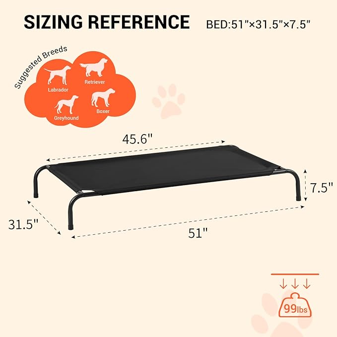 Outdoor Elevated Dog Bed, Cooling Breathable Raised Dogs Cot Beds for Large Dogs, Outside Portable Pet Hammock, Black Metal Frame, Skid-Resistant Feet, Easy Clean, Indoor Outdoor Use,51.1×31.5×7.4 in
