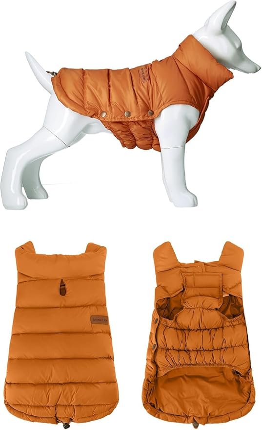 SPACE LION Dog Puffer Jacket, Down Winter Coat, Durable Outdoor Coat for Cold and Windy Conditions, Lightweight & Adjustable Fit Coats for Large Dogs, (Orange, Size28/4XL)