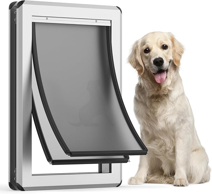 Large Dog Door for Exterior Doors, Aluminum Frame Doggy Door, Fully Magnetic Flaps Large Breed Dog Doors, Sliding Lock Panel, Rust Resistant and Energy Efficient, (Pet Up to100 Lb)