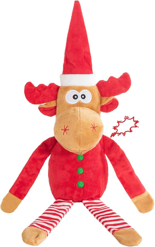 Christmas Dog Toy Reindeer Plush with Squeaker & Crinkle Paper – Holiday Squeaky Chew Toy for Small and Medium Dogs – Interactive Santa Elf Pooch on a Perch Dog Gift
