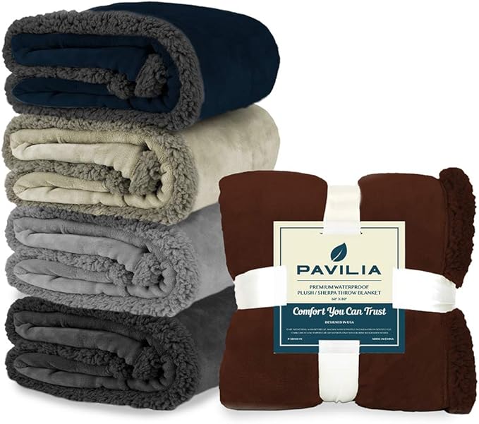 PAVILIA Waterproof Blanket Throw Navy Grey Queen,Waterproof Pet Blanket for Dog Couch Protection,Leak Proof Sherpa Fleece Blanket for Bed Sofa,Liquid Resistant Large Plush Throw,90x90 Inches