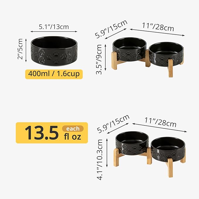 Elevated Ceramic Dog Bowl Set, 5.1" Dog Bowls with Dual Fixed Heights Stand, 1.6 Cup Food & Water Bowls for Toy Breed, Adult Cat, Small-Breed Puppy (Double Bowls + Stand - Black, 5.1 inch)