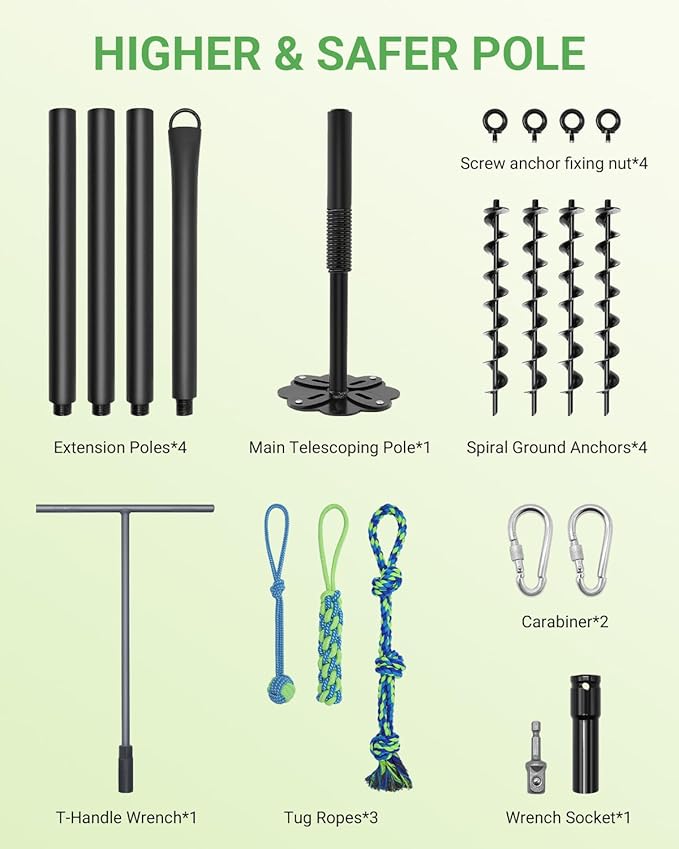 Tether Tug Outdoor Dog Toy, 31"-78" Tug of War Dog Toy with Safety Pole Cover, 3 Replaceable Ropes & Spiral Ground Anchor - 4 Durable Spring Pole Interactive Pull Toy for Large Medium Small Dogs