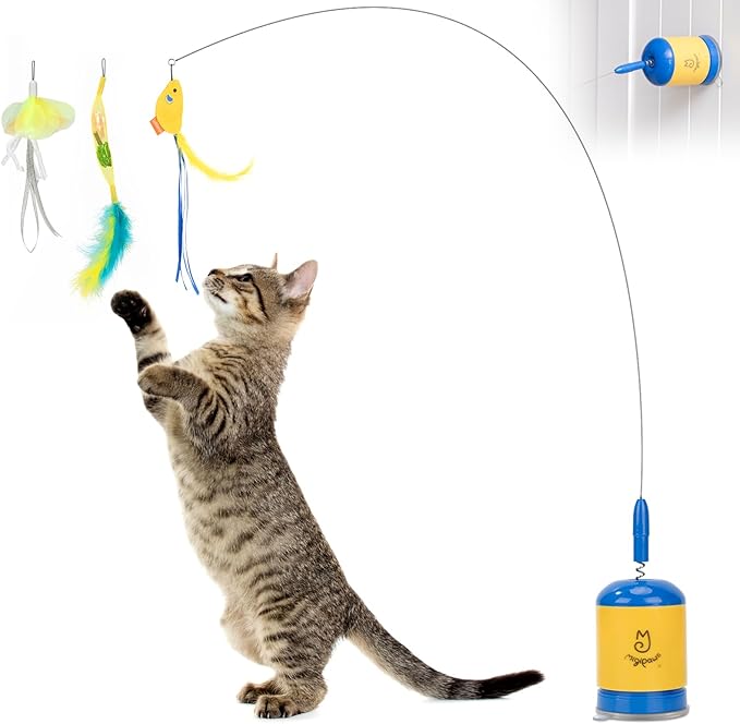 Migipaws Interactive Automatic Cat Teaser Wand Toy with Strong Suction Cup, 70cm Flexible Wire & DIY Bending Design, Rechargeable Cat Exercise Toy with Auto Timer for Indoor Cats(Blue)