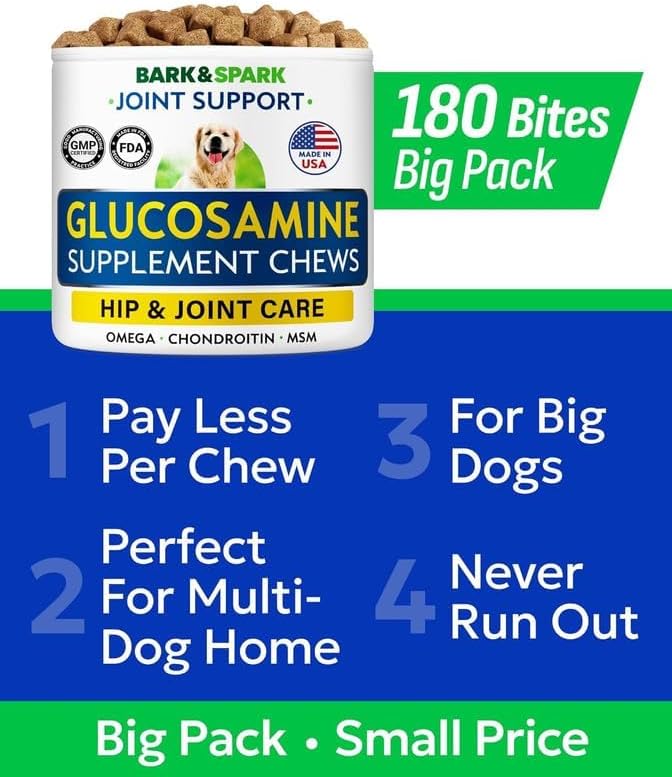 BARK&SPARK Glucosamine Chondroitin Dog Hip & Joint Supplement - Joint Pain Relief - Hip & Joint Chews - Joint Support Large Small Breed - Senior Doggie Vitamin Pill Joint Health (180 Treats - Bacon)
