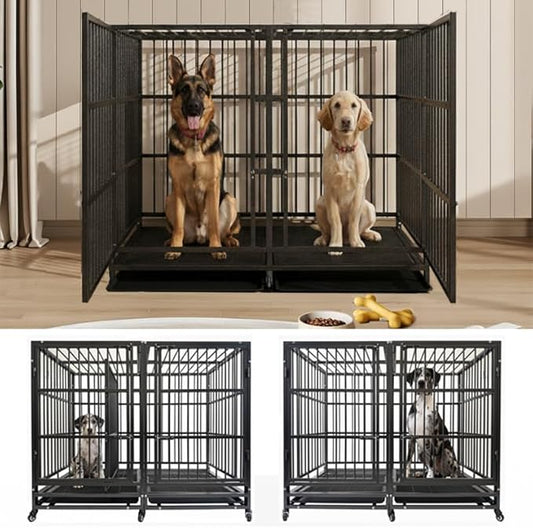 54 Inch Heavy Duty Dog Crate Cage with Divider, Indestructible and Escape Proof Steel Kennel Indoor for 2 High Anxiety Dogs with Sturdy Locks, Double Door and Tray, Extra Large XL XXL