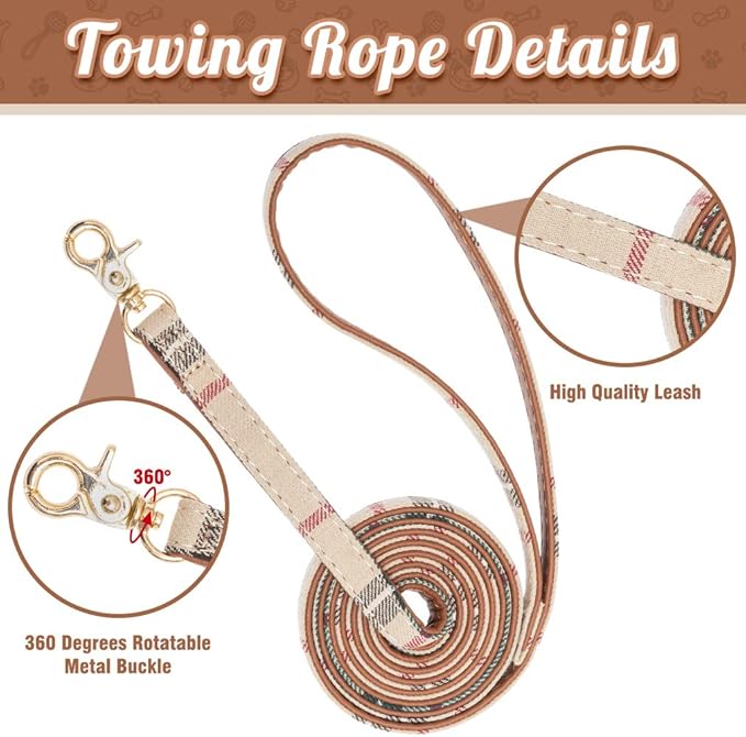 BINGPET Bow Tie Dog Collar with Leash Set - Cute Adjustable Classic Plaid Dog Bandana Collar with Bell, Fit for Small Dogs, Puppies and Cats Outdoor Walking