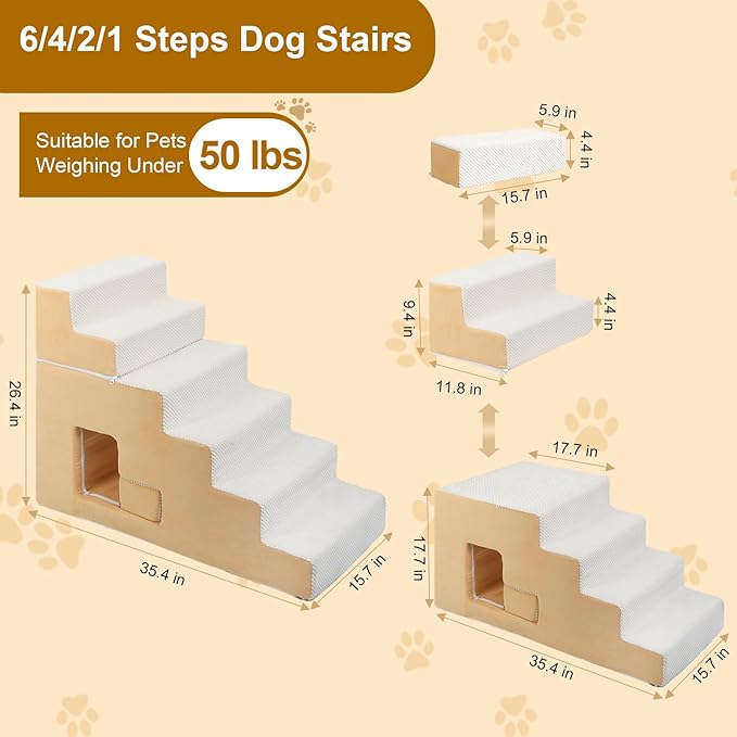 Dog Stairs for Small Dogs 27”H, 6-Step Dog Steps for High Bed, High-Density Foam Pet Stairs with Non-Slip Removable Washable Cover to Get on Bed(Beige)