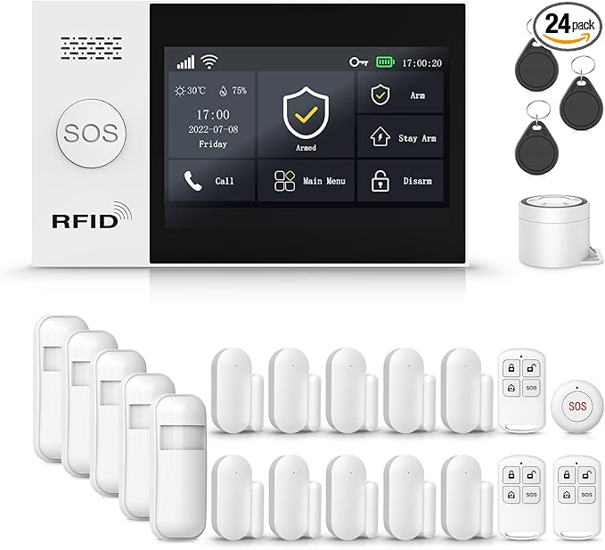 Alarm System for Home Security,24Pcs WiFi+GSM/4G Door/WindowAlarmSystem Kit,with Touch Screen & App Alerts&Auto Alarm Dial Compatible with Alexa,for Apartment,Kids Safety NO Monthly Fees