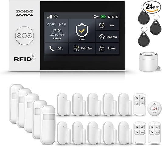 Alarm System for Home Security,24Pcs WiFi+GSM/4G Door/WindowAlarmSystem Kit,with Touch Screen & App Alerts&Auto Alarm Dial Compatible with Alexa,for Apartment,Kids Safety NO Monthly Fees