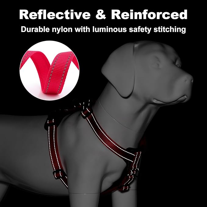 Plutus Pet Adjustable No Pull Dog Harness with Leather Accents, Heavy Duty Reflective Nylon Vest for Training, Hiking, Easy Walk Harness for Small, Medium, Large Dogs (Red, M)
