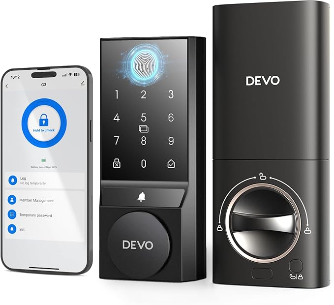Devo G3 Fingerprint Smart Door Lock, Keyless Entry Door Lock, App Control, Smart Locks for Front Door, Smart Deadbolt Lock, Built-in Wi-Fi, Touchscreen Keypad, 8 Months Battery, IP54 Waterproof