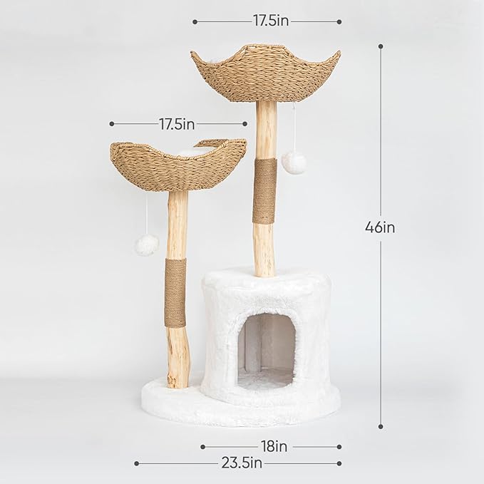 Modern Cat Tree for Indoor Cats Large Adult, 46" Tall Wooden Cat Tower for Large Cats with Scratching Post, Luxury Cat Condo, White