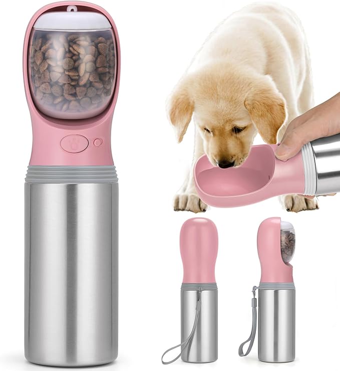 Portable Dog Water Bottle with Food Container, 14 OZ, Stainless Steel Leak Proof Puppy Water Dispenser with Drinking Feeder for Pets Travel, Walking, Hiking and Outdoor Activities