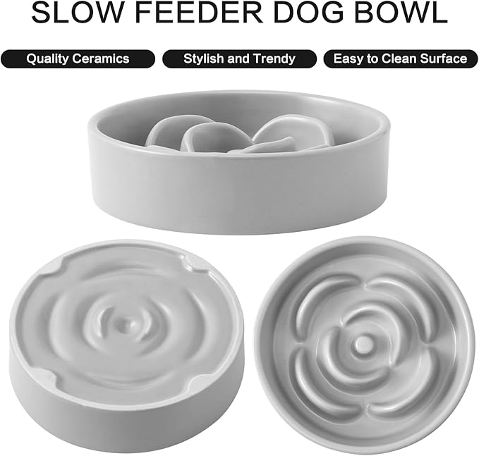 6'' Ceramic Slow Feeder Dog Bowls - Petal Shape Modern Dog Food Dish for Cats and Small Breed Dogs, Puzzle Maze Bowl to Slow Down Eating, Anti-Gulping, Dishwasher & Microwave Safe, Grey