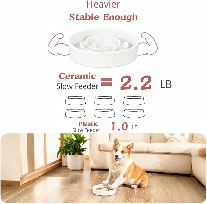 TRUVIC Ceramic Slow Feeder Dog Bowls, 1.5 Cup Puzzle Slow Feeder Bowls for Fast Eaters, Ceramic Dog Food Dish no Black Chin, Puzzle Bowl for Medium Dogs, White