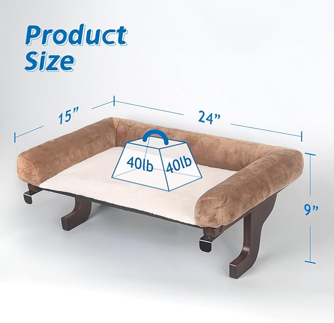 Zakkart Cat Perch for Window Sill with Bolster - Orthopedic Hammock Design with Premium Hardwood & Robust Metal Frame - Cat Window Seat for Large Cats and Kittens - Dark Stained Wood Brown Bed, 24''W