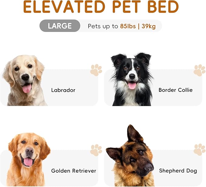 Elevated Dog Bed Waterproof Outdoor Pet Cot Cooling Dog Cot, Raised Bed for Large Dogs with Washable Breathable Mesh, No-Slip Feet, 50.8 x 31 x 8 inches, Grey