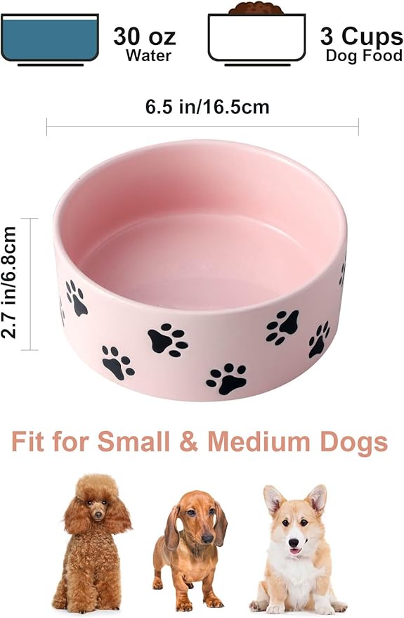 6.5 Inch Pink Ceramic Dog Bowl with Paw Print Pattern - Porcelain Wide Mouth Dog Food or Water Bowls, Large Feeding Pet Bowls for Indoor Medium Sized Dogs, for Wet or Dry Food