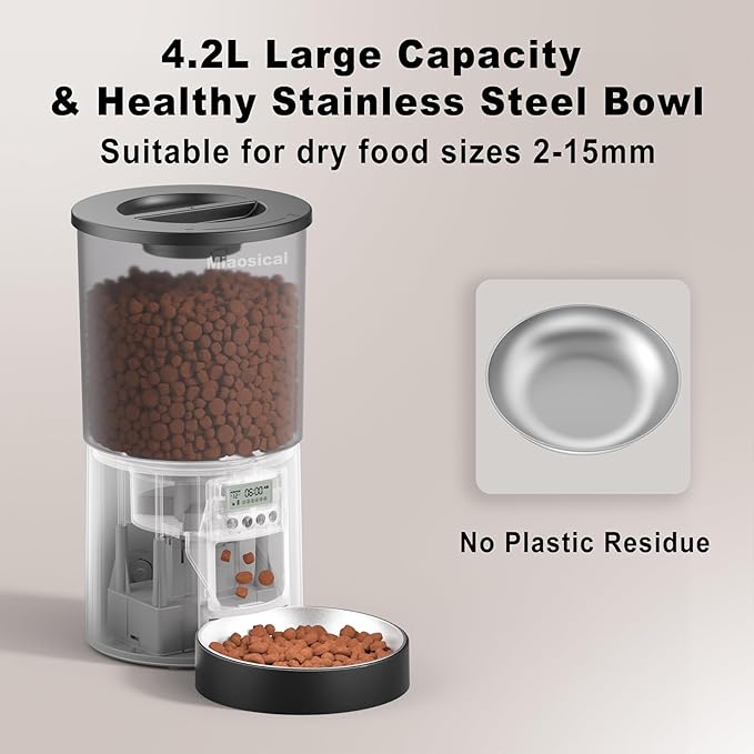 Automatic Cat Feeder with Dual Power Supply,Programmable 1-6 Meals Control Dry Cat Food Dispenser for Small Dog,Flexible Schedule Timer,10S Voice Record (Black, 4.2L Basic Model)