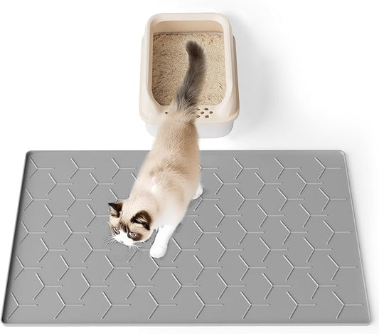 Silicone Cat Litter Mat with Raised Edges, Waterproof/Urineproof, Litter-Collecting Interior Ridges, Soft & Pet-Friendly (24"x16"-Grey)