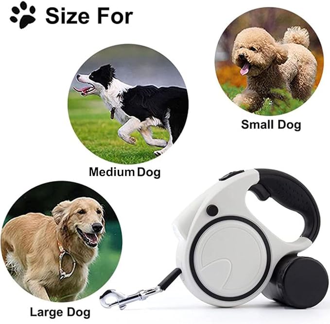 Best Dog Supplies Retractable Fancy Leash with Flashlight and Dispenser for Safe and Comfortable Walk with Your Pet - 16 ft White Dog Leash Suitable for All Pets