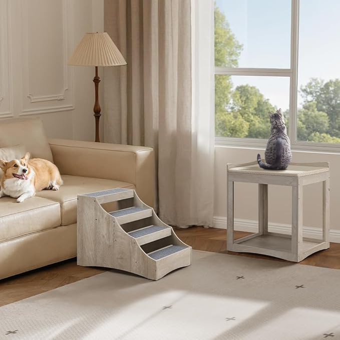 unipaws Large Pet Bunk Bed with Removable Step for Dogs and Cats, Multi-Level Bed Window Perch Seat Platform with Cushion, Indoor Use