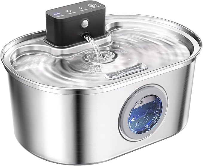 Cat Water Fountain Cordless, Stainless Steel Pet Water Fountain Wireless – 3.2L/108oz Battery Operated Automatic Water Dispenser for Cats Indoor, with Motion Sensor & Quiet Pump (4 Filter & Sponge)