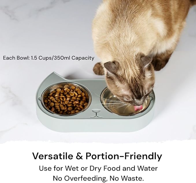7 Ruby Road Cute Cat Bowls for Indoor Cats and Kitty, Double Cat Food Water Bowl Set with 2 Stainless Steel Pet Dishes and Grey Silicone Feeding Station, 350ml Kitten Bowls for Wet & Dry Food