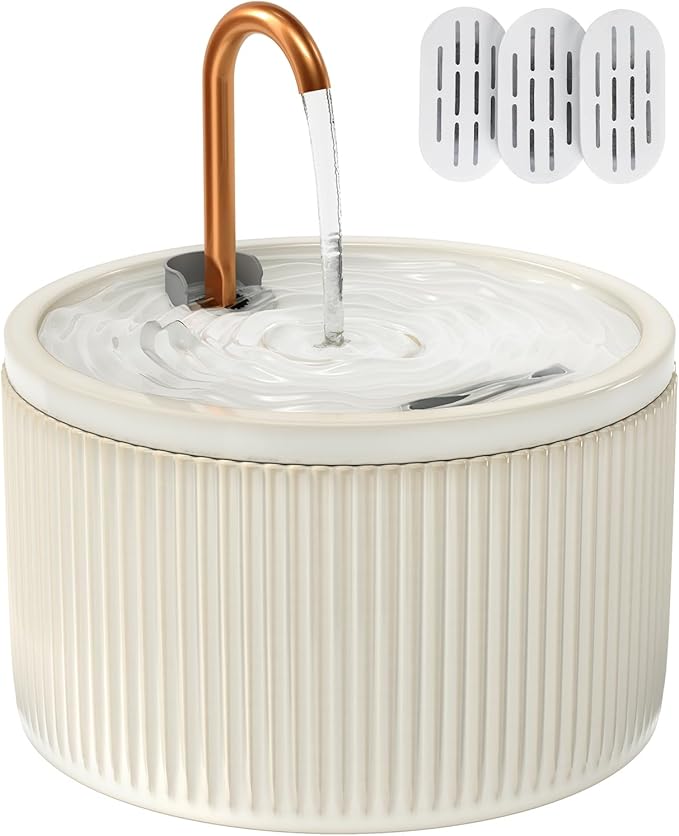Ceramic Cat Water Fountain - 2.1L/71oz - All-Ceramic Body & Pure Copper Water Spout - Non-Toxic - Automatic Pet Drinking Fountain Indoor with Ultra-Quiet Pump, and 3Pcs Filter & Sponge (Beige)