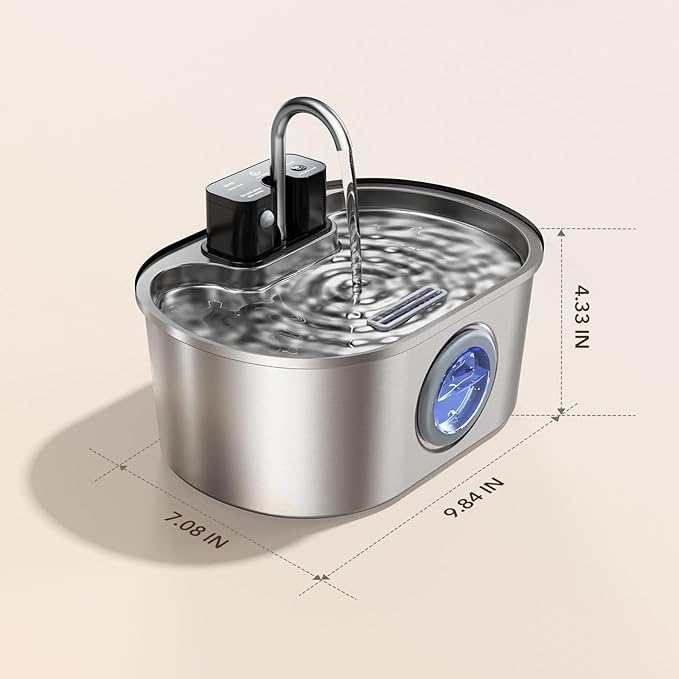 Stainless Steel Cat Water Fountain 108oz/3.2L:Battery Operated Wireless Cat Fountains for Drinking Indoor, Automatic Pet Water Dispenser with Ultra Quiet Pump,Multi-Filtration,Easy Clean BPA-Free