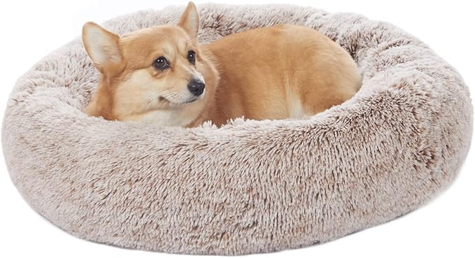 Bedfolks Calming Donut Dog Bed - 30" Round Plush for Medium Dogs, Anti-Anxiety, Machine Washable (Brown, Medium)