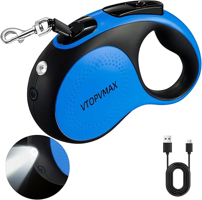 16Ft Retractable Dog Leash - for Small to Medium Dogs Up to 66lbs, Heavy Duty Retractable Leash with Light Rechargeable, Quick Lock Braking & Non-Slip Handle (Blue)