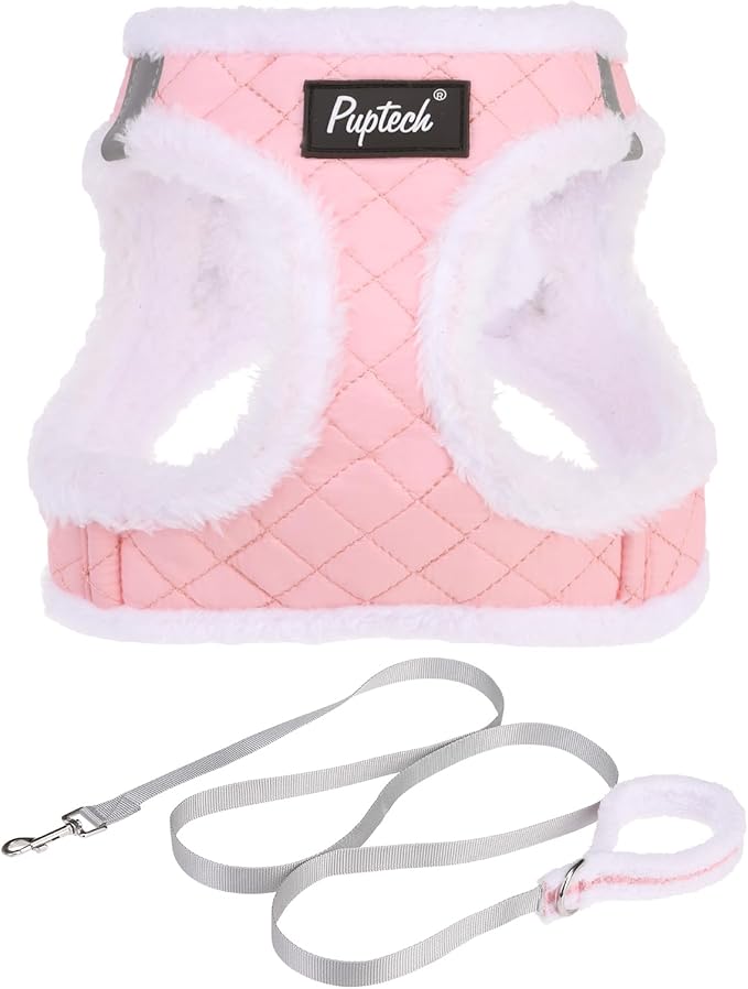 PUPTECK Plush Dog Harness and Leash Set for Small Medium Dogs No Pull Step-in Soft Mesh Puppy Cat Winter Vest Harnesses Reflective at Night Warm, Plush Pink, S