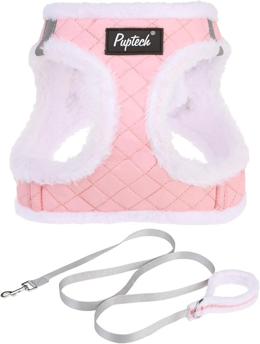 PUPTECK Plush Dog Harness and Leash Set for Small Medium Dogs No Pull Step-in Soft Mesh Puppy Cat Winter Vest Harnesses Reflective at Night Warm, Plush Pink, S