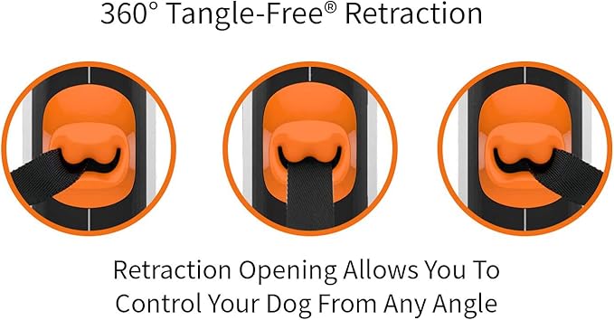 TUG 360° Tangle-Free Retractable Dog Leash with Anti-Slip Handle | 16 ft Strong Nylon Tape | One-Handed Brake, Pause, Lock (Large, White/Orange)