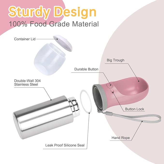 Portable Dog Water Bottle with Food Container, 14 OZ, Stainless Steel Leak Proof Puppy Water Dispenser with Drinking Feeder for Pets Travel, Walking, Hiking and Outdoor Activities