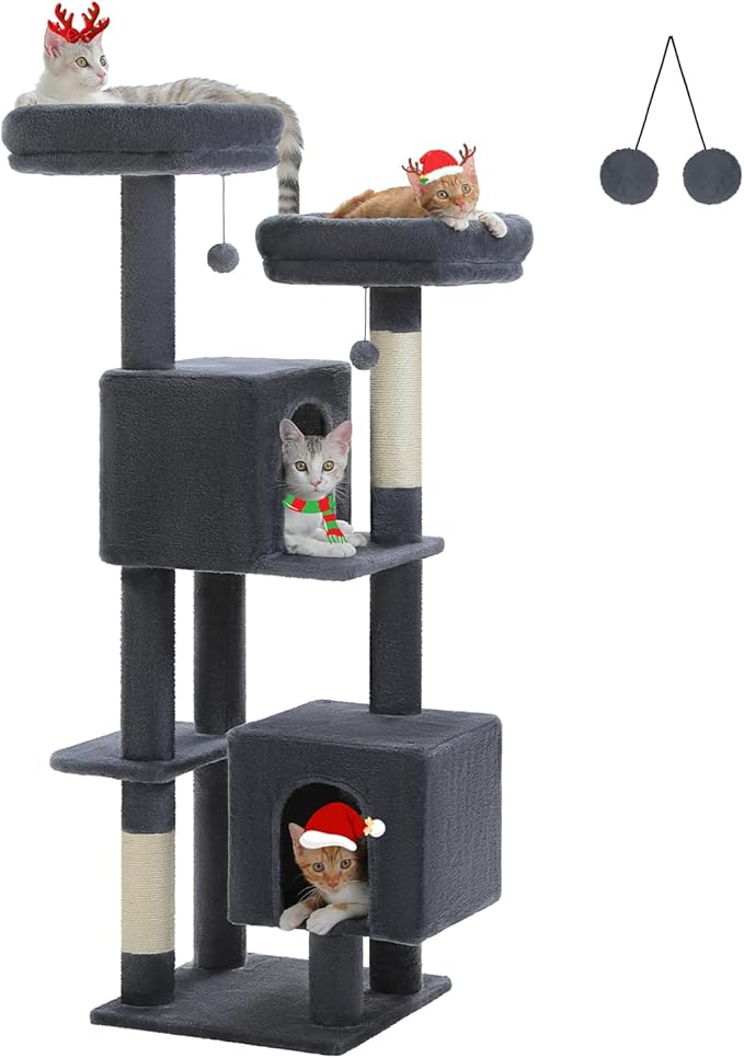 Cat Tree, 52.4 Inch Multi-Level Cat Tower for Indoor Cats with Dual Padded Top Perches, 2 Condos & Scratching Posts, Plush Cat Furniture for Kittens and Medium Cats, Dark Grey