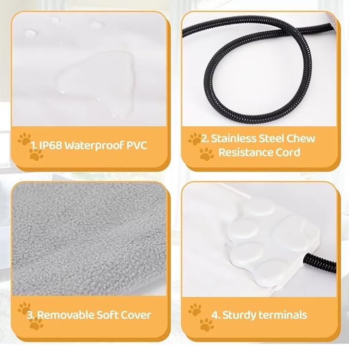 Pet Heating Pad for Cats Dogs with Timer Temperature Adjustable, Electric Heating Mat Indoor, Adjustable Warming Mat, Waterproof Heated Bed with Chew Resistant Steel Cord，Pet Heated Mat