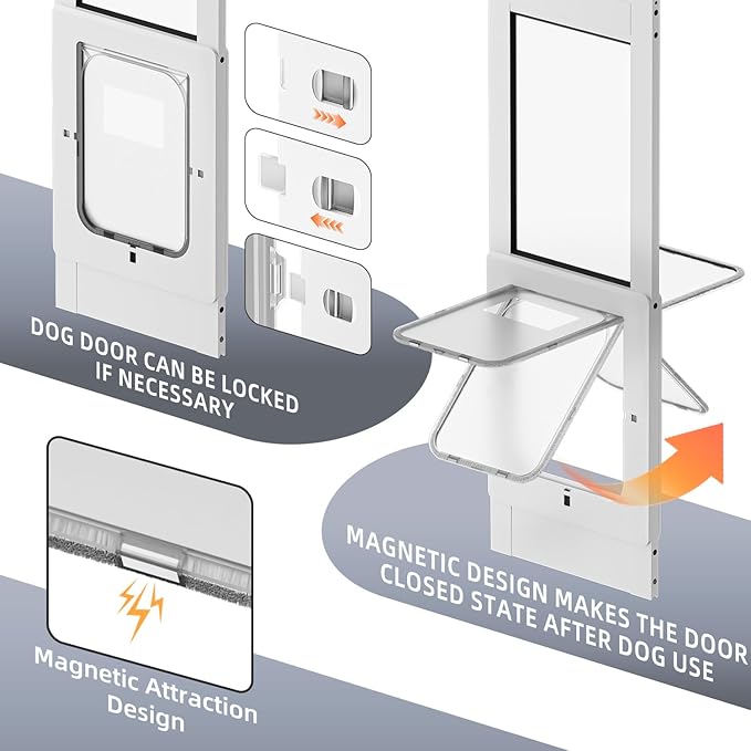 Dog Door for Sliding Glass Door with Magnetic Plastic Flat, Sliding Door Pet Doggie Door Insert with Lock, Adjustable Height No-Cut Required Doggy Door Access Renters, Apartments, Patio (White, S)
