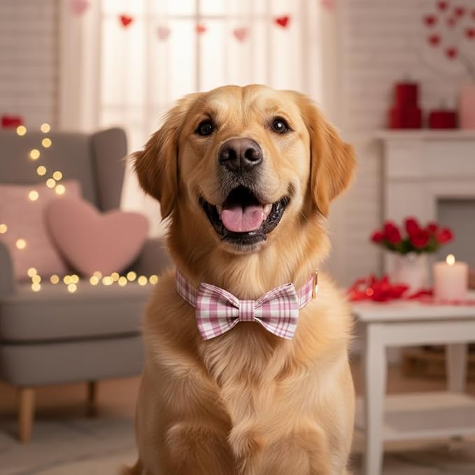 PETDURO Personalized Dog Collar Pink Plaid for Large Medium Dogs | Engraved Name and Phone Number on Gold Metal Buckle for Girls | Add Leash & Bow Tie via Customize Now