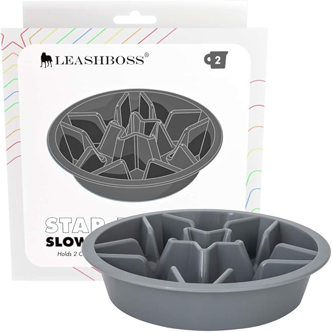 Leash Boss Slow Feeder Dog Bowls - Nonslip Slow Feeder Insert, Healthy Eating Dog Food Bowl, Includes Puppy Essentials Placemat & Star Mold, 2 Cup, Gray