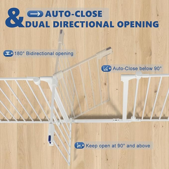 Freestanding Dog Gates with Door Walk Through, Extra Wide Doggy Door 100" W x 29" H Pet Gate Safty 4 Panels Dog Fence for Stairs, Doorways, White