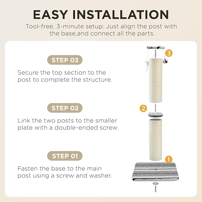 Joydeco Cat Scratching Post 34 Inches Heavy Duty and Thick Scratching Post Sisal Rope with Hanging Ball and Mice for Indoor Cats(Grey)